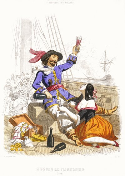 El capitán Henry Morgan se divierte con vino y mujeres, al más puro estilo pirata, mediados del siglo XIX (grabado coloreado) de Alexandre (after) Debelle