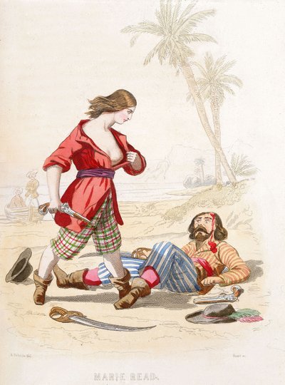 Mary Read se revela ante un enemigo vencido, mediados del siglo XIX (grabado coloreado) de Alexandre (after) Debelle