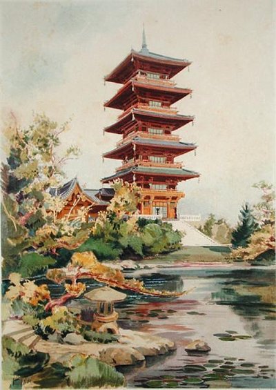 Torre japonesa en el Parque Real de Laeken, Bélgica, de Orientalisme et Architecture Contemporaine, grabado por Jules Adolphe Chauvet de Alexandre Auguste Louis Marcel