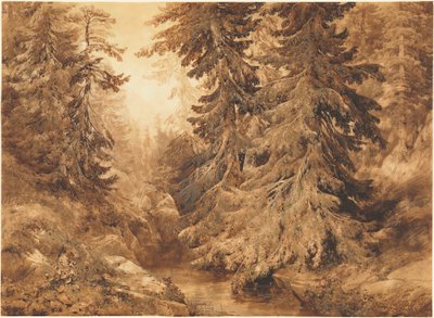 Un antiguo bosque de pinos con un arroyo de montaña de Alexandre Calame
