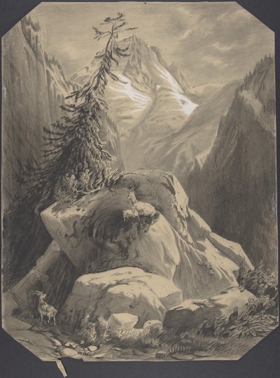 Tres cabras en un paisaje montañoso de Alexandre Calame