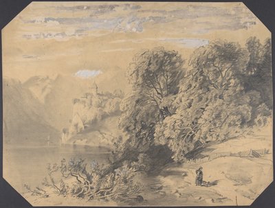 Mujer con un perro junto a un lago de montaña de Alexandre Calame