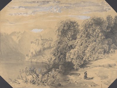 Mujer con un perro junto a un lago de montaña de Alexandre Calame