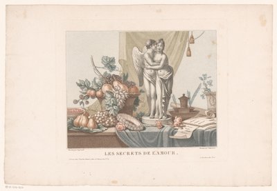 Bodegón sobre una mesa con una estatua de Cupido y una mujer joven, posiblemente Venus Les secrets de l