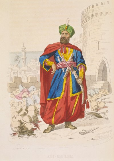 Ali Khoja, gobernante de Argel 1816-1818, resplandeciente con un turbante verde y portando una fina espada, está rodeado por las cabezas cortadas de los enemigos vencidos tras el bombardeo de 1816, mediados del siglo XIX (grabado coloreado). de Alexandre Debelle