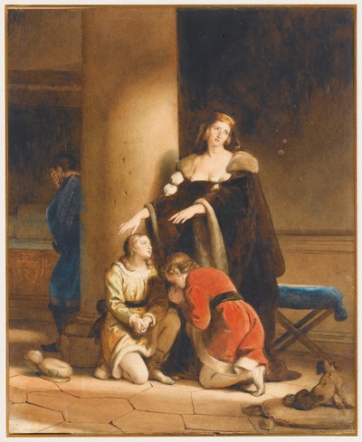 Isabel Woodville, la Reina de Inglaterra, despidiéndose de sus hijos, Eduardo V y Ricardo, duque de York, con un hombre afligido detrás de una columna de Alexandre Evariste Fragonard