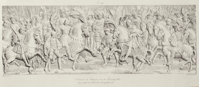 Encuentro de Francisco I y Enrique VIII en el Campo del Paño de Oro, después del relieve de piedra tallada en el Hotel de Bourgtheroulde, Rouen, Normandía, 1501-37, grabado por Godefroy Engelmann de Alexandre Evariste Fragonard