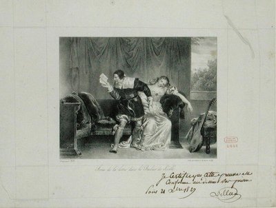 Escena de la carta de la ópera El barbero de Sevilla de Rossini grabada por Villain de Sevres de Alexandre Evariste Fragonard
