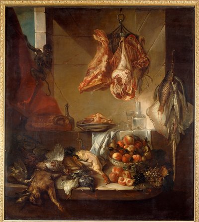 Interior de cocina con bodegón de caza, frutas y carne de Alexandre Francois Desportes