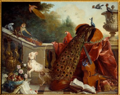 Animales, flores y frutas Un perro, un mono tocando el violín, un pavo real, un loro, un ave del paraíso, instrumentos de cuerda. Pintura de Francois Desportes (1661-1743) 1717 de Alexandre Francois Desportes