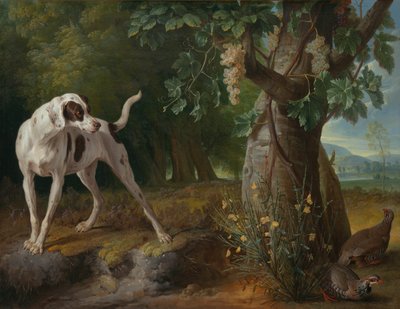 Perro Apuntando Perdices en un Paisaje de Alexandre Francois Desportes