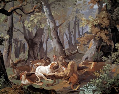 Caza de ciervos Dussy, papel pintado después de una pintura de Alexandre-Francois Desportes (1661-1743). 1851. París, Artes Decorativas de Alexandre Francois Desportes