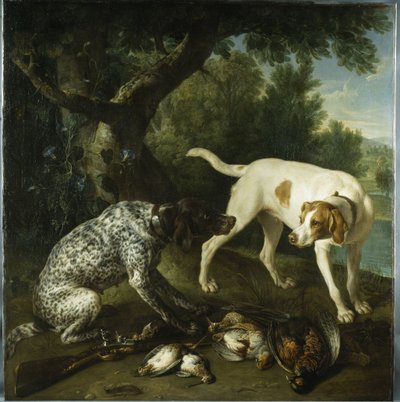 Dos pointers pertenecientes al 3er Conde de Burlington con caza muerta en un paisaje de Alexandre Francois Desportes