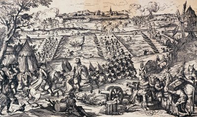 El ejército de Luis XV cruzando el Rin y atacando la línea defensiva en Ettlingen, 1-4 de mayo de Nicolas Toussaint Charlet