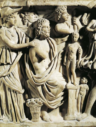 Sarcófago de mármol, Relieve que representa el mito de Prometeo, Detalle, Atenea asistiendo a Prometeo mientras crea humanos, De Arles de Nicolas Toussaint Charlet