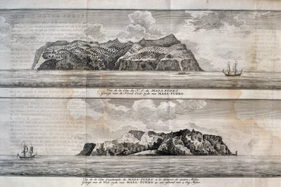 Vista de la Isla Alejandro Selkirk o Isla Más Afuera, Archipiélago Juan Fernández, Chile, grabado de Nicolas Toussaint Charlet
