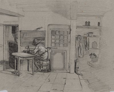 A Farmhouse Interior with a Boy at a Table de Alexandre Gabriel Decamps
