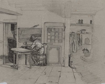 Interior de una casa de campo con un niño en una mesa, c. 1846 de Alexandre Gabriel Decamps