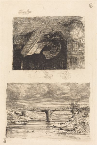 Paisaje Fluvial con un Puente; Mono Pasando las Páginas de un Libro de Alexandre Gabriel Decamps