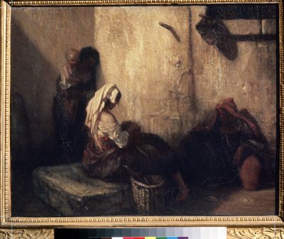 ""Street Scene in Italy"" (Escena callejera italiana) Sombras de tres mujeres, algunas madres y probablemente vendedoras del mercado, en un callejón oscuro. En el centro, una mujer probablemente despiojando a un niño (desparasitación). Pintura de Alexandre de Alexandre Gabriel Decamps