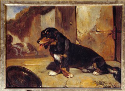 Un perro basset "Perros de caza en reposo" de Alexandre Gabriel Decamps