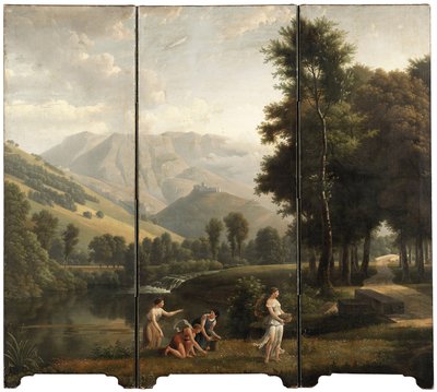 Un paisaje arcadiano con doncellas recogiendo flores junto a un río, un castillo en la cima de una colina más allá de Alexandre Hyacinthe Dunouy