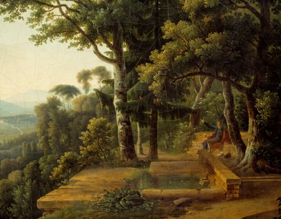 El filósofo Jean Jacques Rousseau (1712-1778) meditando en 1770 en el Parque de la Rochecordon cerca de Lyon (detalle) de Alexandre Hyacinthe Dunouy