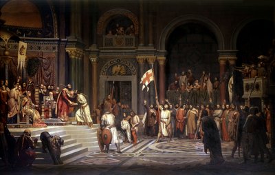 Godofredo de Bouillon recibido por Alexis Comneno, Emperador de Constantinopla, en 1097, durante la defensa de la ciudad contra los turcos durante la Primera Cruzada de Alexandre Jean Baptiste Hesse
