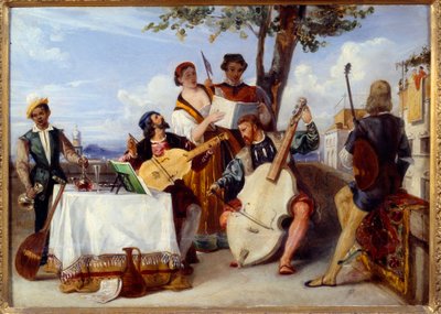 El concierto veneciano Músicos (violonchelo, laúd, violín) y cantantes en una terraza son atendidos por un sirviente negro de Alexandre Jean Baptiste Hesse