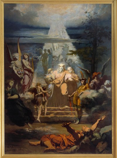 La escalera de Jacob. Jacob, habiendo dejado su tierra, se durmió y soñó con una gran escala. Pintura de Alexandre Laemlein (1813-1871) de Alexandre Laemlein