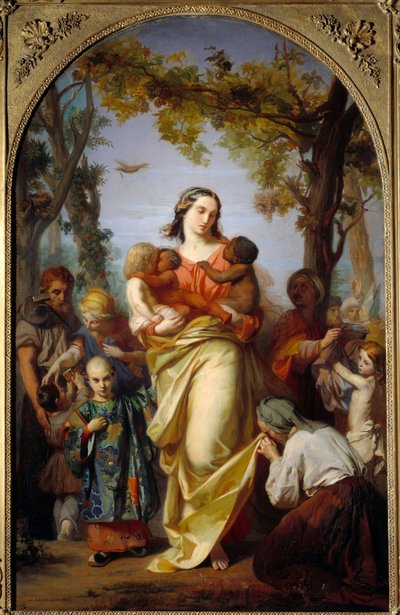 Caridad Universal. Personificación de la Caridad sosteniendo en sus brazos a los diferentes pueblos del mundo de Alexandre Laemlein