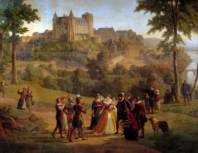 Vista del castillo de Pau donde nació Enrique IV tomada desde el gran parque. Detalle que representa a un grupo de personas probablemente compuesto por Juana de Albret y Antonio de Borbón presentando a su hijo Enrique (posteriormente el rey Enrique IV) inf de Alexandre Louis Robert Millin du Perreux