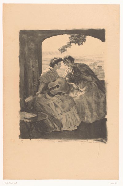 Dos españolas con guitarra y un loro de Alexandre Lunois (signed by artist)