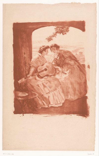 Dos españolas con guitarra y un loro de Alexandre Lunois (signed by artist)