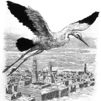 Una cigüeña volando sobre un pueblo del norte de África de Alexandre Lunois