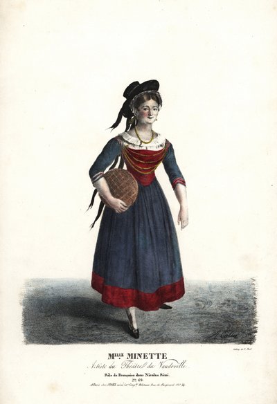 La actriz Mademoiselle Minette o Jeanne-Marie-Francoise Menestrier como Francoise en Nicolas Remi por Sewrin, Theatre du Vaudeville de Alexandre Marie Colin