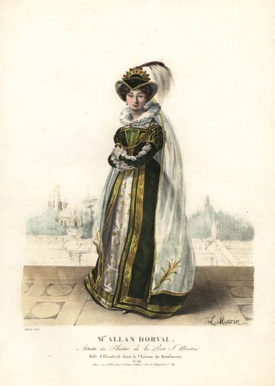 Marie Dorval o Madame Allan Dorval como la Reina Isabel en Le Chateau de Kenilworth de Jean-Baptiste Blache y Henri Lemaire, Théâtre de la Porte St. Martin de Alexandre Marie Colin