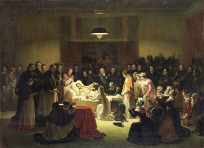 Los últimos momentos de Charles-Ferdinand de Francia (1778-1820) en la sala de administración de la Ópera de París, 14 de febrero de 1820, c.1828 de Alexandre Menjaud