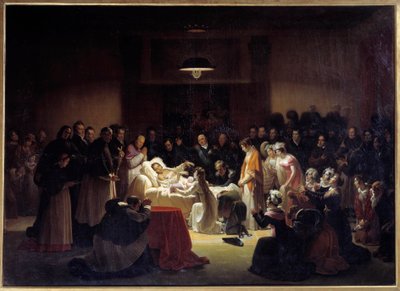 Los últimos momentos del duque de Berry en la Ópera de París rodeado por Luis XVIII y la familia real de Alexandre Menjaud