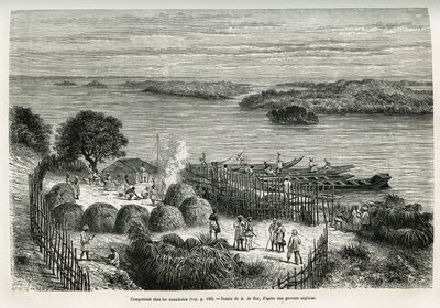 Campamento fortificado de la expedición para protegerse de los caníbales Mouana Ntaba, cerca del río Leopold (Congo), dibujo de A. De Bar, para ilustrar la historia A través del Continente Misterioso, un viaje realizado entre 1874-1877, por Sir H.M. Stanle de Alexandre de (after) Bar