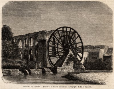 La noria (máquina hidráulica para elevar el nivel del agua utilizando la energía producida por la corriente) en el río Orontes, un río en el Medio Oriente que cruza Siria hasta el mar Mediterráneo, dibujo de A.de Bar, para ilustrar la misión de Ernest Rena de Alexandre de (after) Bar
