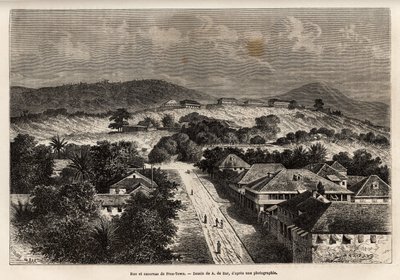 Calle y cuarteles de Freetown, Sierra Leona, grabado después del dibujo de A. de Bar, ilustrando el viaje a la Costa de África, en 1868, por el Vicealmirante Fleuriot de Langles, publicado en Le tour du monde 1873, editado por Edouard Charton, Hachette edi de Alexandre de (after) Bar