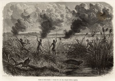 La tribu bongo caza la rata de los juncos (para naturalistas: aulacode), una vez localizado el lugar donde viven los roedores, se prende fuego a la hierba seca alrededor de su cabaña, hasta que los roedores, obligados a huir, se presentan a los cazadores,  de Alexandre de (after) Bar