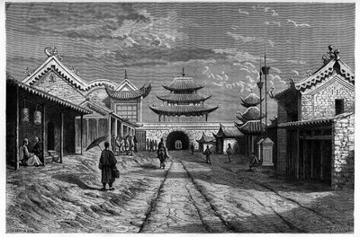 Vista de una calle en Youn Tchen Sian, China. Grabado después de un dibujo de A. de Bar, en Le Tour du Monde, Nouveau journal des Voyages, editado por Edouard Charton, París de Alexandre de (after) Bar