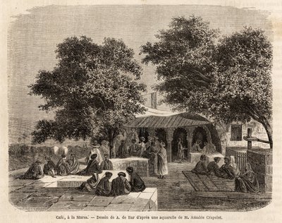 Vista de un café en La Marsa (Túnez), dibujo de A.de Bar, para ilustrar un viaje a Túnez, en 1859, por Amable Crapelet. Grabado en “Le tour du monde”, editado por Edouard Charton de Alexandre de (after) Bar