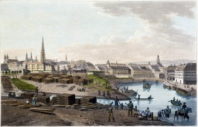 Vista de Viena desde la costa de Leopold-Stadt (trabajos en el muelle) - en Viaje pintoresco a Austria por el Conde Alexandre de Laborde, París, ed. Elder Didot de Alexandre de Laborde