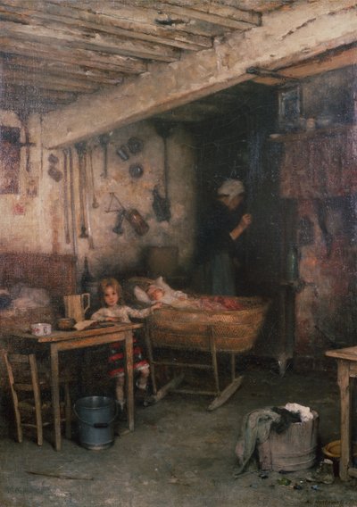Niños en un interior de cabaña de Alexei Alexevich Harlamoff