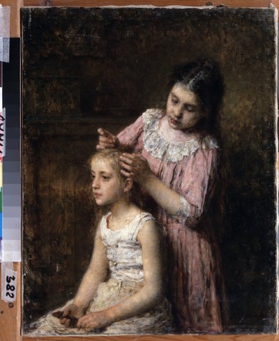 Dos hermanas. La mayor está peinando a la hija menor. Pintura de Alexei Alexeyevich Kharlamov (1840-1922), óleo sobre lienzo de Alexei Alexeyevich Kharlamov