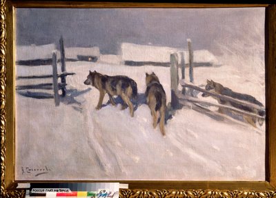 Lobos, noche de invierno (Wolfs, Winter Night) - Pintura de Alexei Stepanovich Stepanov (1858-1923), óleo sobre lienzo, hacia 1910, arte ruso, principios del siglo XX - Colección privada de Alexei Steipanovitch Stepanov