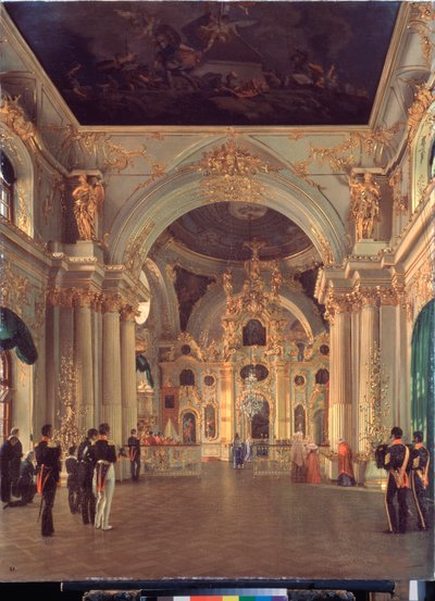 Interior de la Gran Iglesia en el Palacio de Invierno - Pintura de Alexei Vasilyevich Tyranov (1808-1859), óleo sobre lienzo, arte ruso del siglo XIX - Museo Estatal del Hermitage, San Petersburgo de Alexei Vasilievich Tyranov
